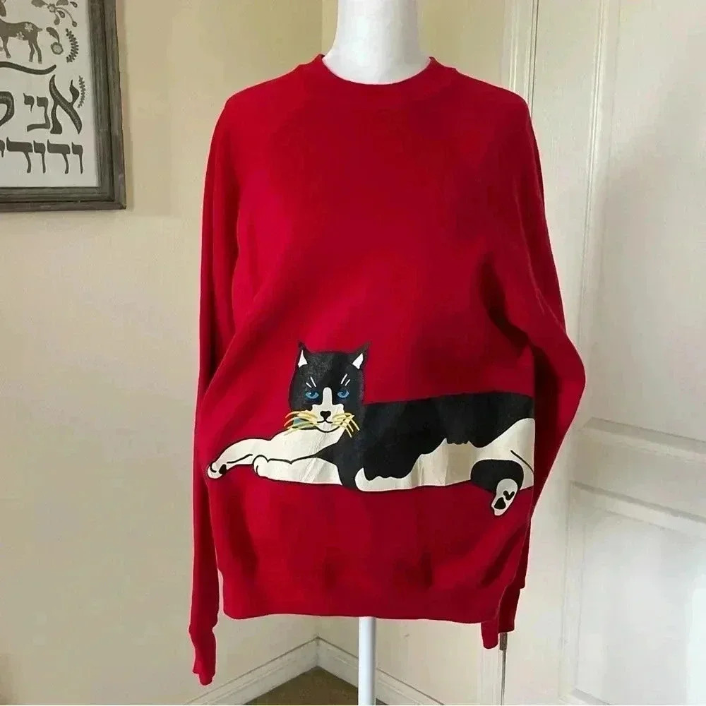 Vintage Red Cat Sweatshirt Originalitees By R.D. Foster Size Medium M/L RARE